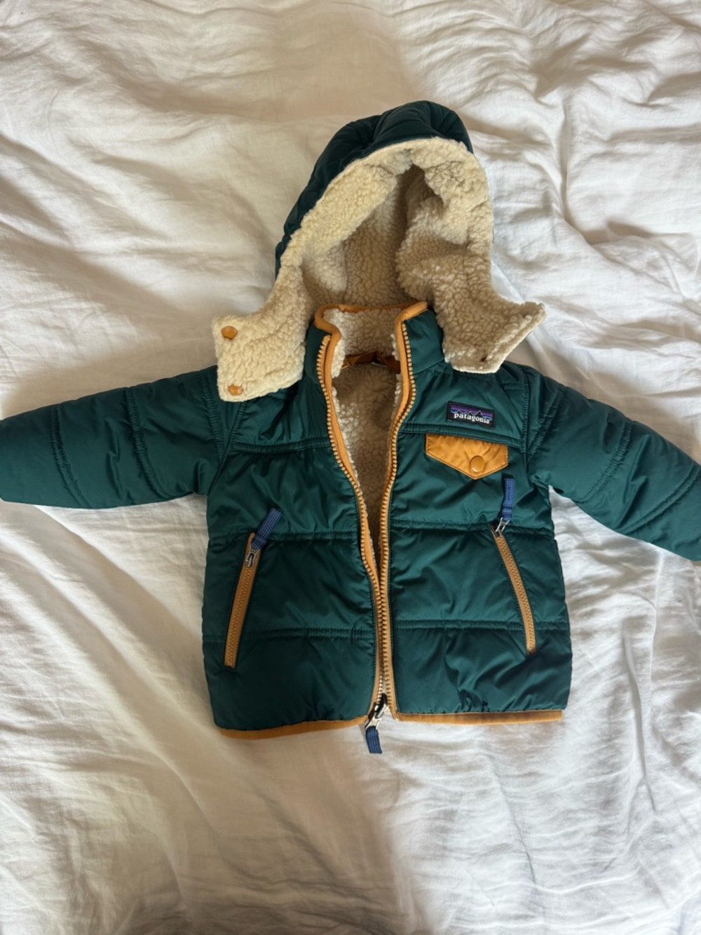 Patagonia Sherpa-Lined Puffer Jacket in Dark Green + Tan reversible